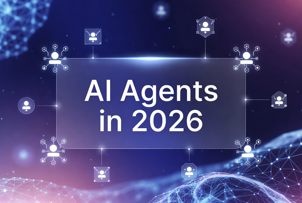 Clean and professional horizontal banner for the article 'AI Agents in 2026'. The image features a futuristic dark blue and purple gradient background with glowing AI network nodes, connected digital icons, and holographic elements representing intelligent autonomous AI agents working together. Modern, minimalist, and sophisticated tech design.